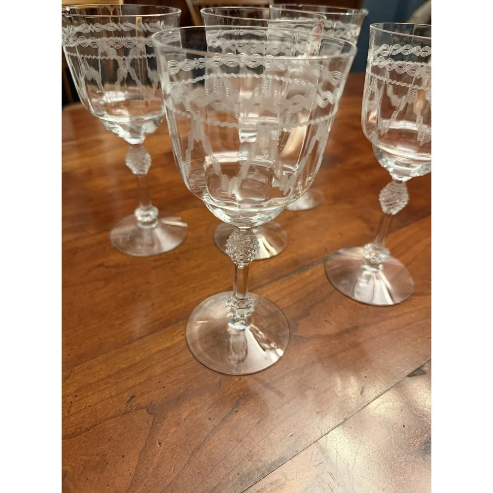 Set of 5 Fostoria Glass Castle Geometric‎ Needle Etch #87 Water Goblets 7.5